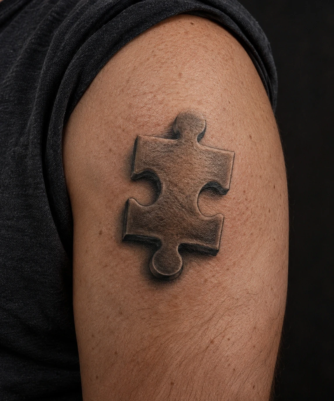 Jigsaw puzzle-piece tattoo with a shaded bevel and cast shadow on an upper arm