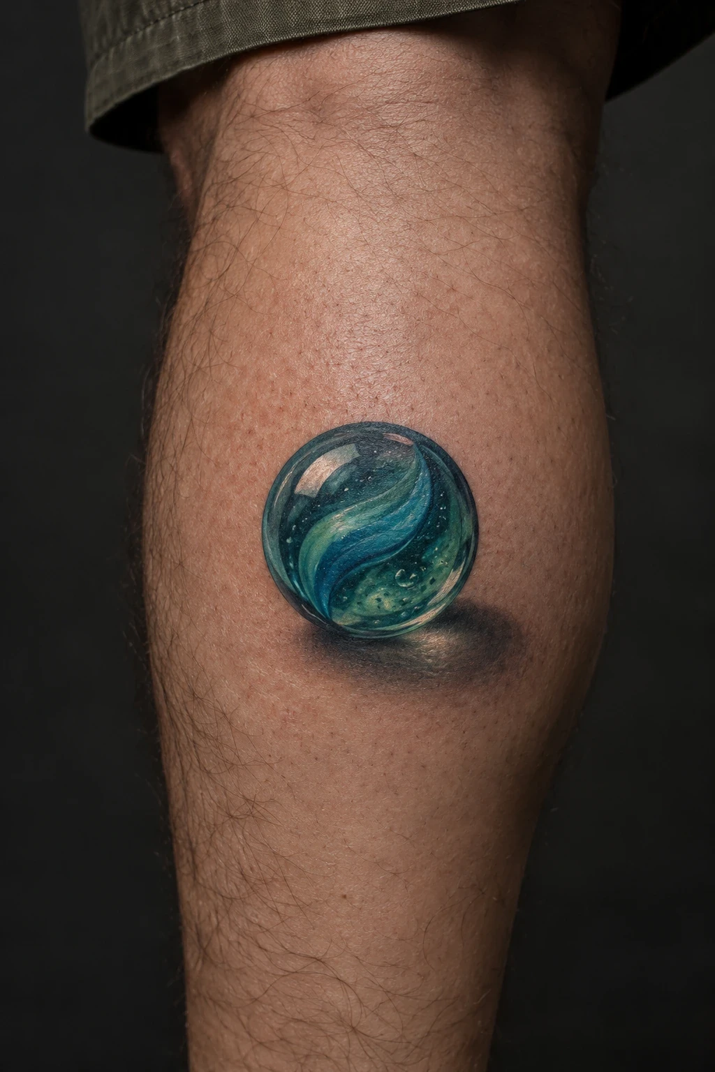 Blue-green marble tattoo with a curved highlight and shadow on a calf