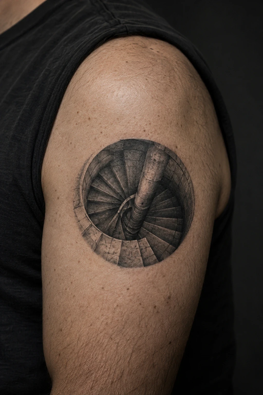Spiral-staircase tattoo with shaded steps around a central column on an upper arm