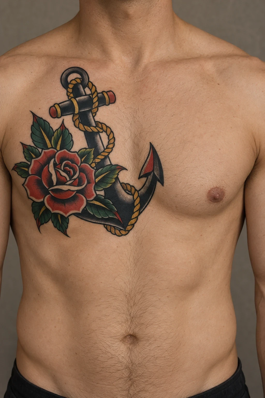 Black anchor with gold rope and a red rose on one side of the chest