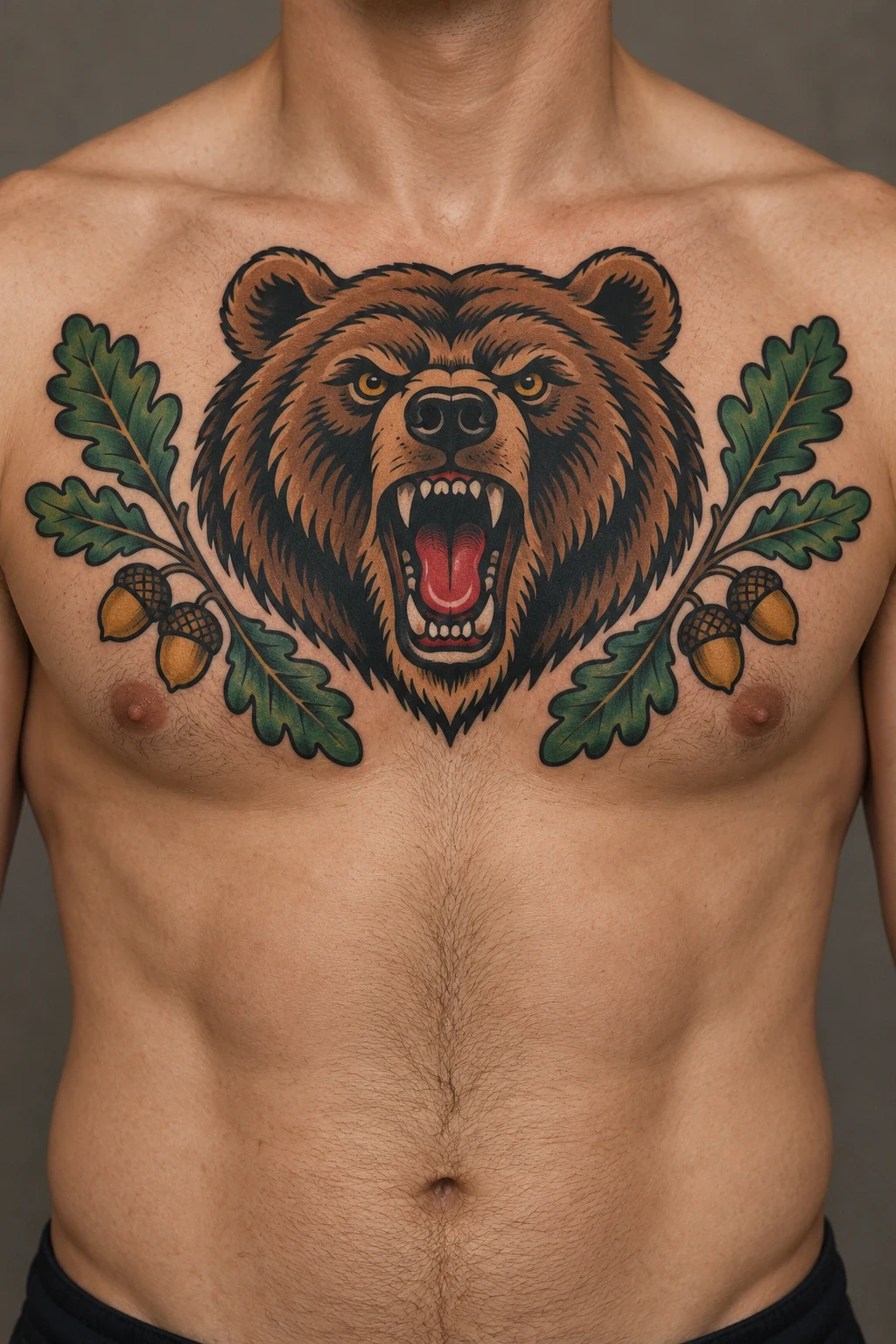 Brown bear head framed by oak leaves in a traditional chest tattoo concept