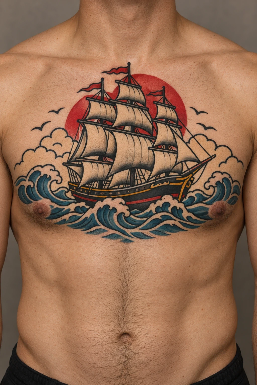 American traditional clipper ship with cream sails and blue waves across the chest