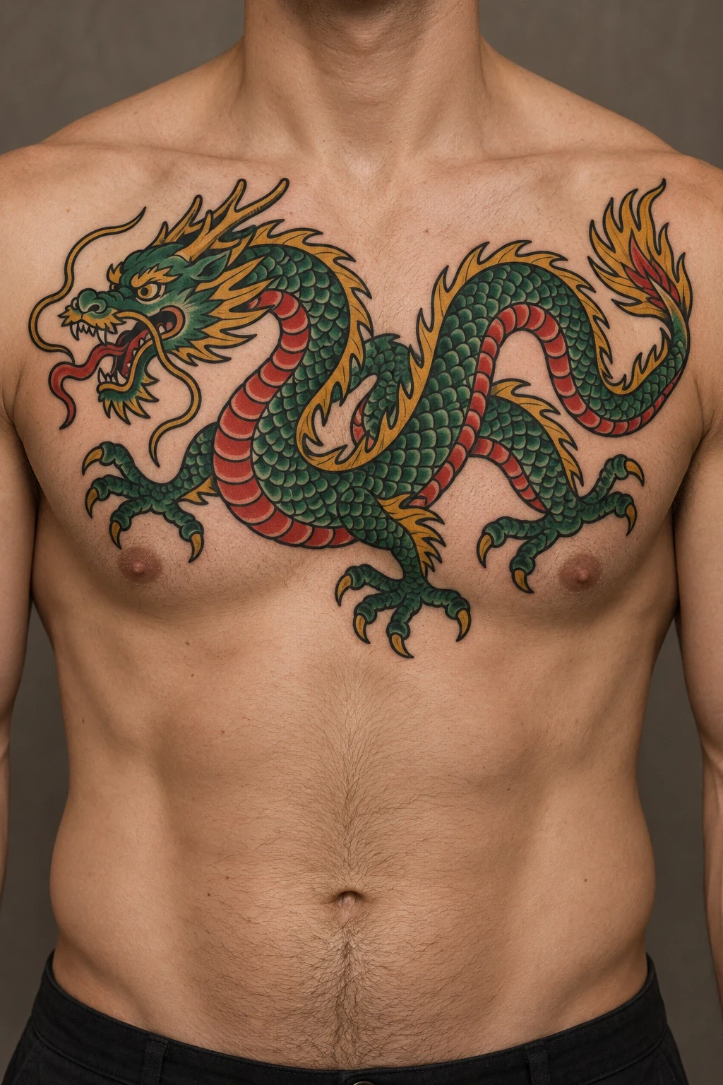 Green coiled dragon with red accents spanning the chest
