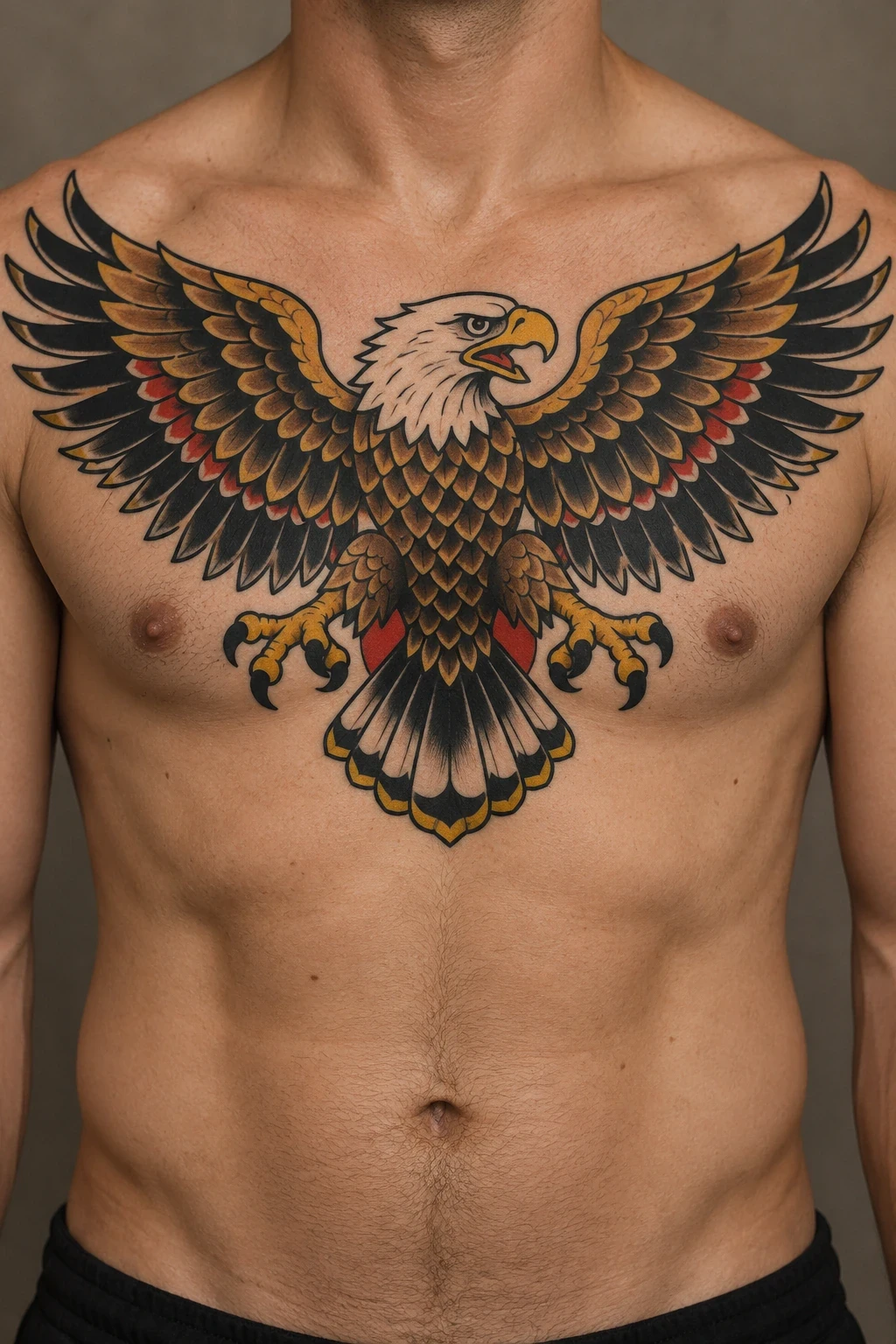 Spread-wing eagle in an American traditional full chest tattoo concept