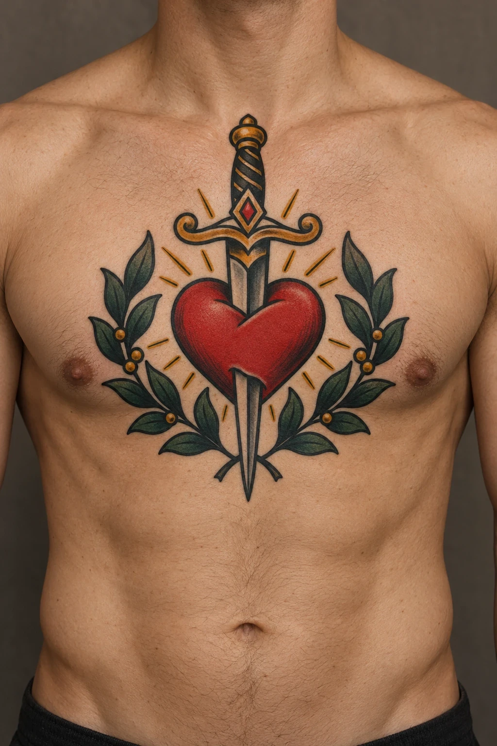 Red heart pierced by a vertical dagger with green leaves on the chest