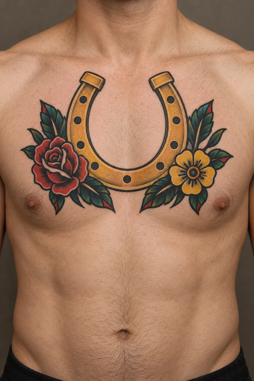 Golden horseshoe with red and yellow flowers in a traditional chest concept
