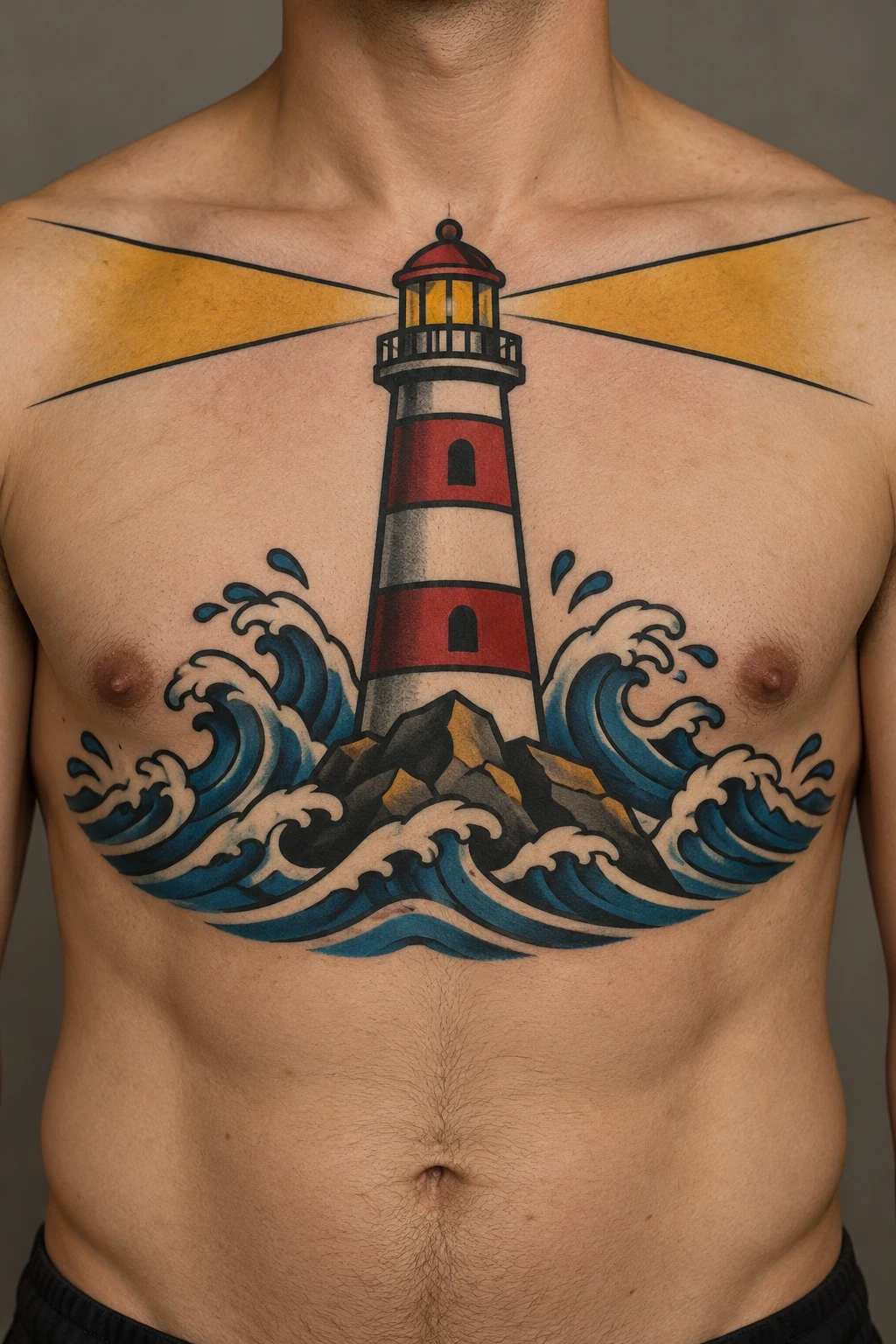 Red and cream lighthouse above blue waves on the chest