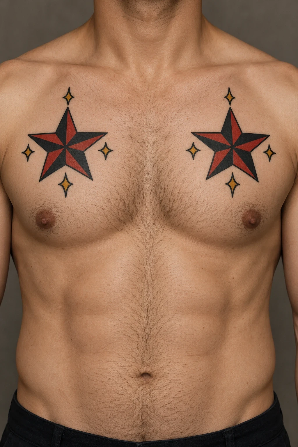 Paired red and black nautical stars on the upper chest