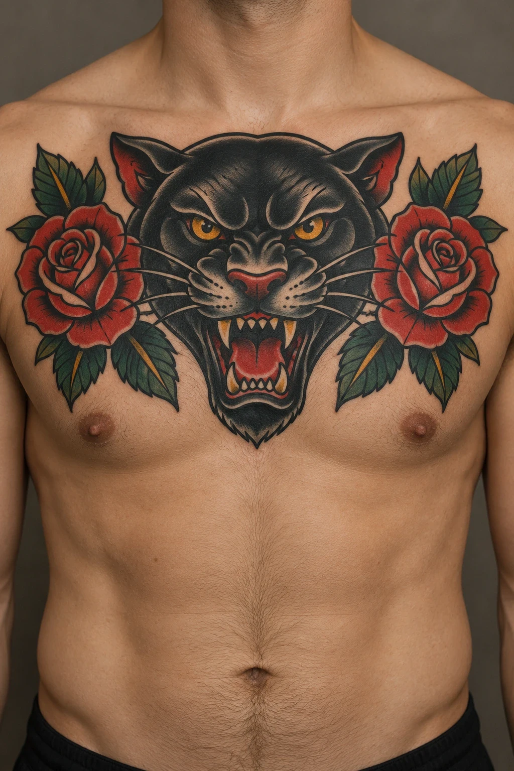 Black panther head between red roses in a traditional chest tattoo concept