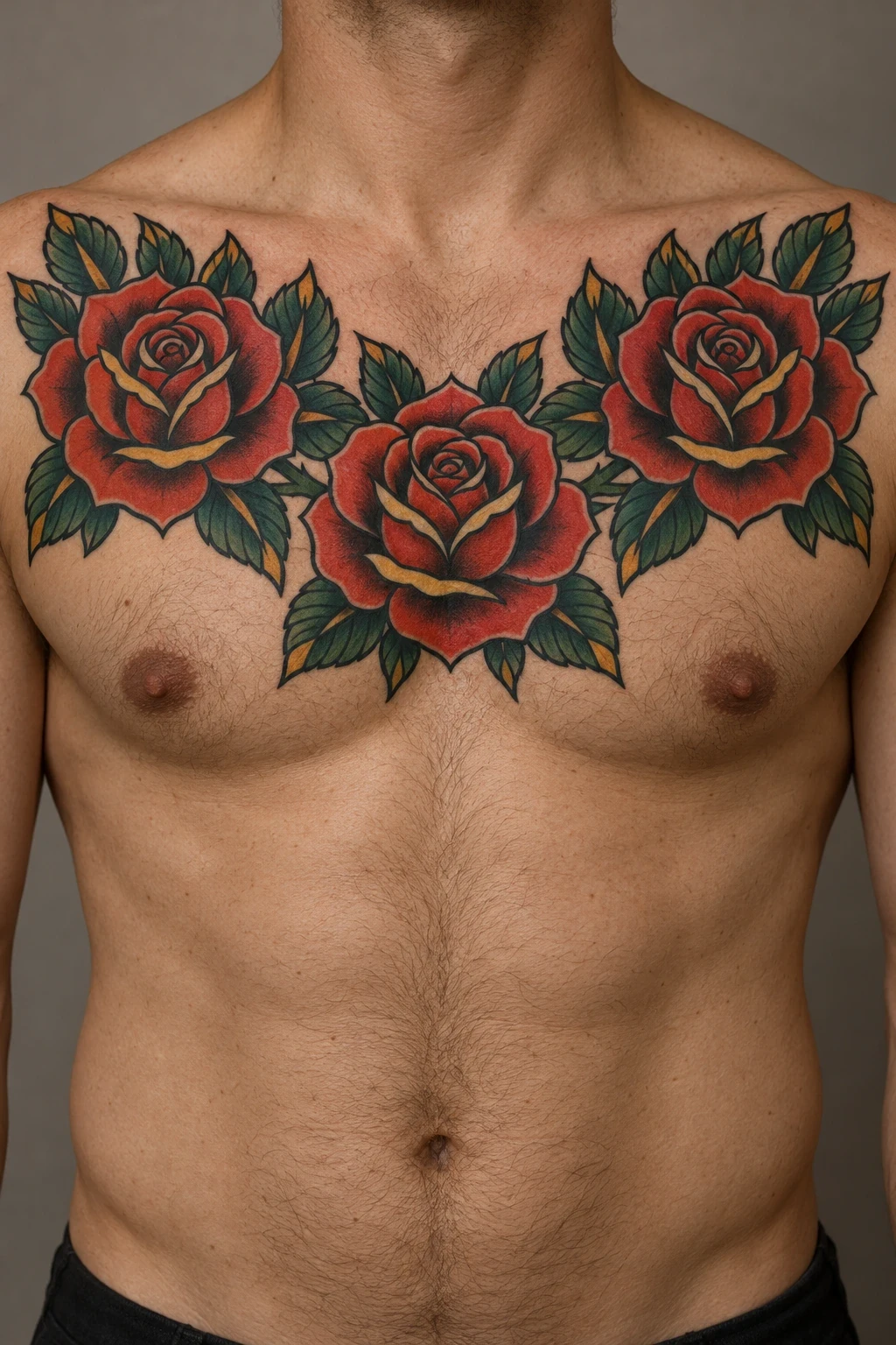 Three red roses and green leaves spanning the upper chest