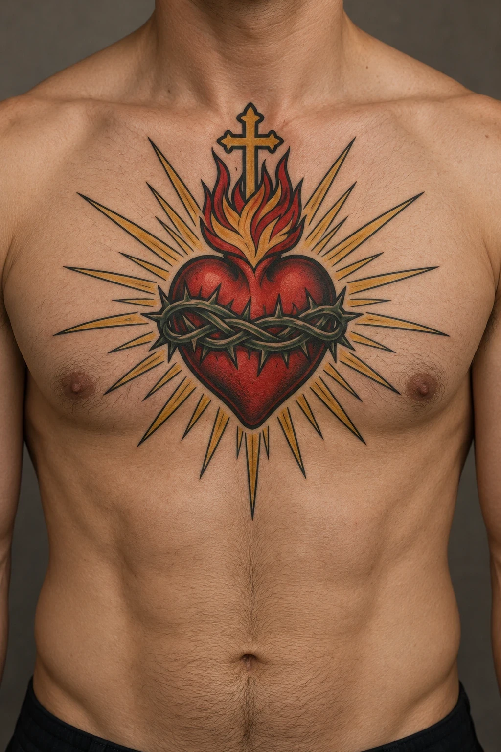 Red sacred heart with a cross, thorn ring and golden rays on the chest