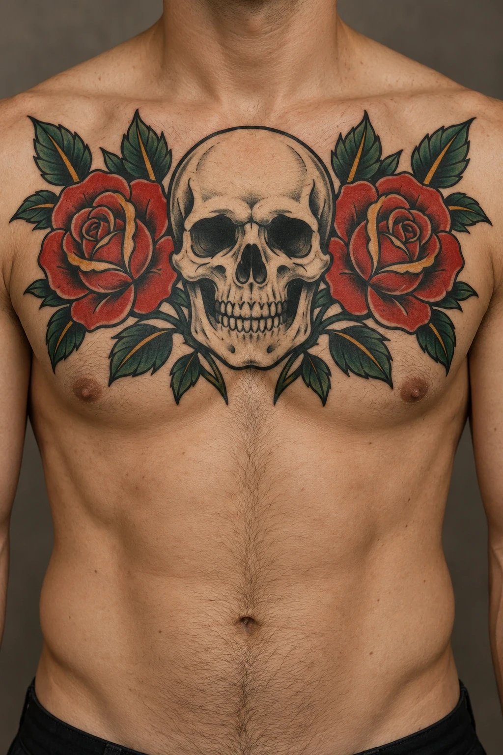Ivory skull framed by red roses in a traditional chest tattoo concept