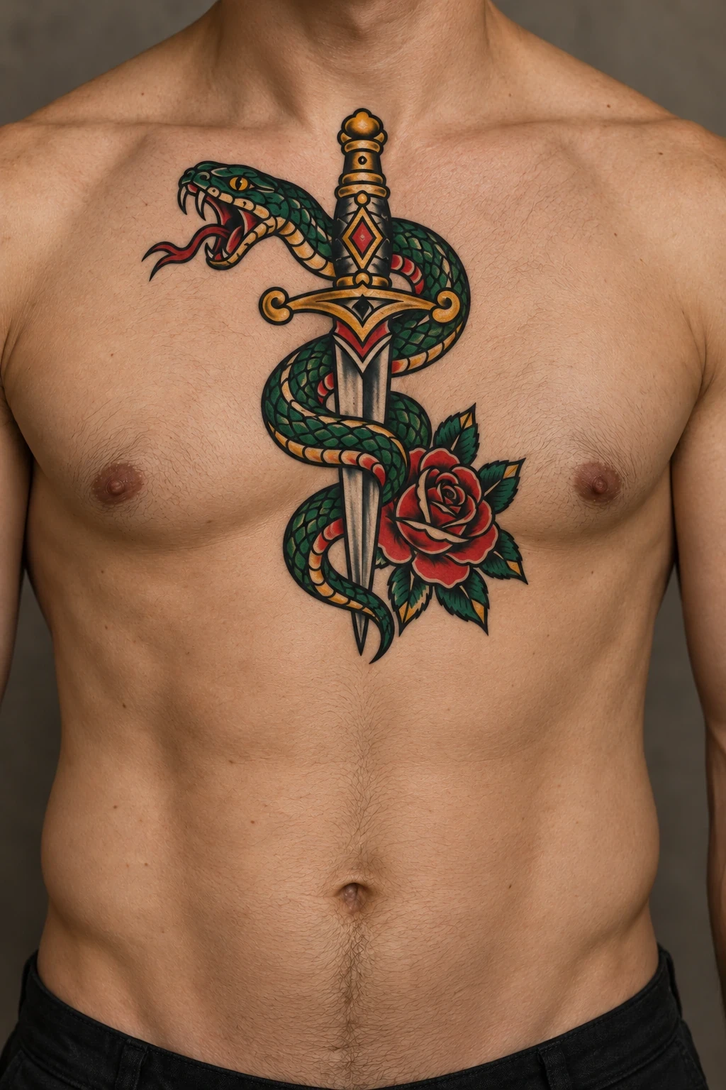 Green snake wrapped around a central dagger with a red rose on the chest
