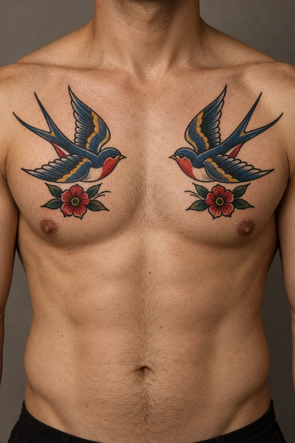 Paired blue swallows and small red flowers on the upper chest