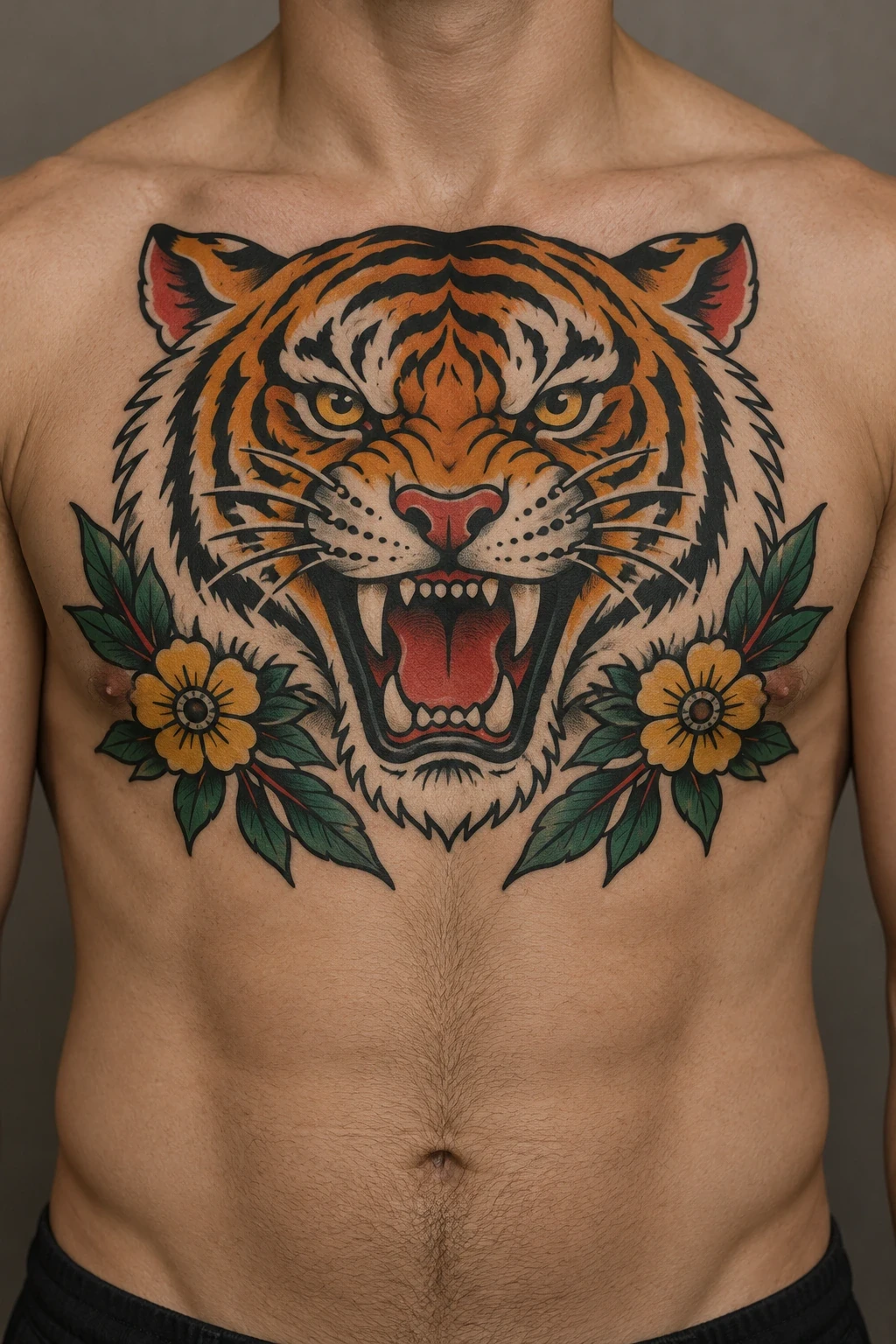 Orange tiger head with golden flowers in an American traditional chest concept