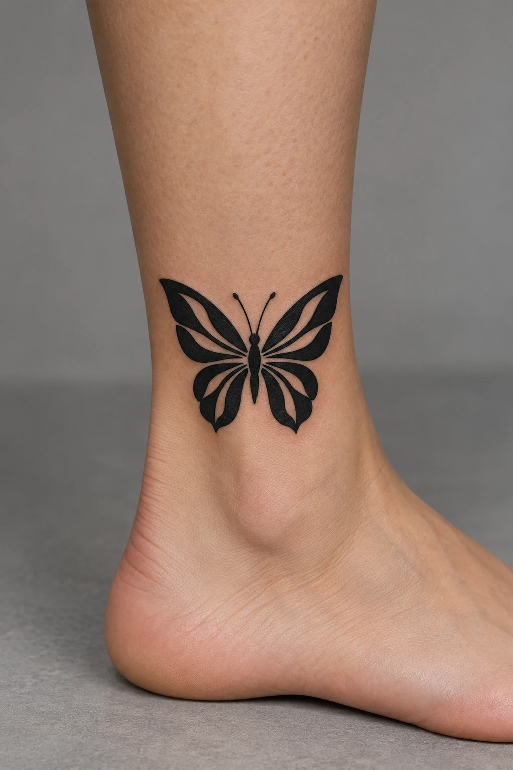 Blackwork butterfly with open-skin wing channels on the ankle