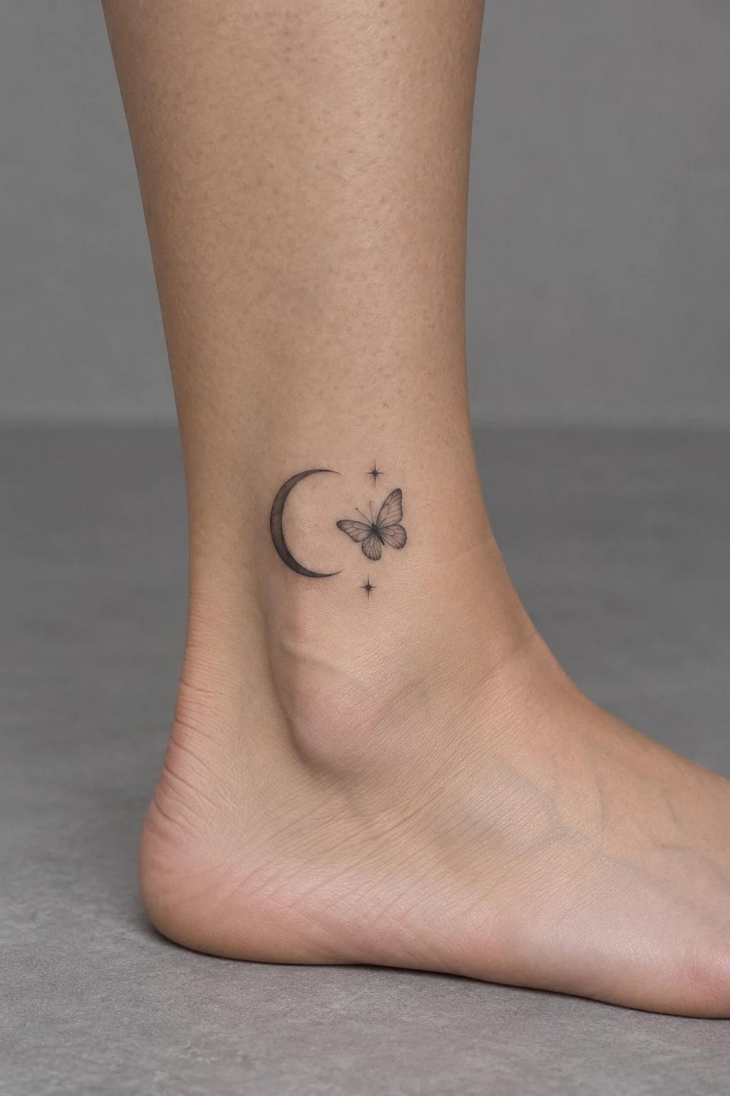 Small butterfly beside a fine crescent moon on the ankle
