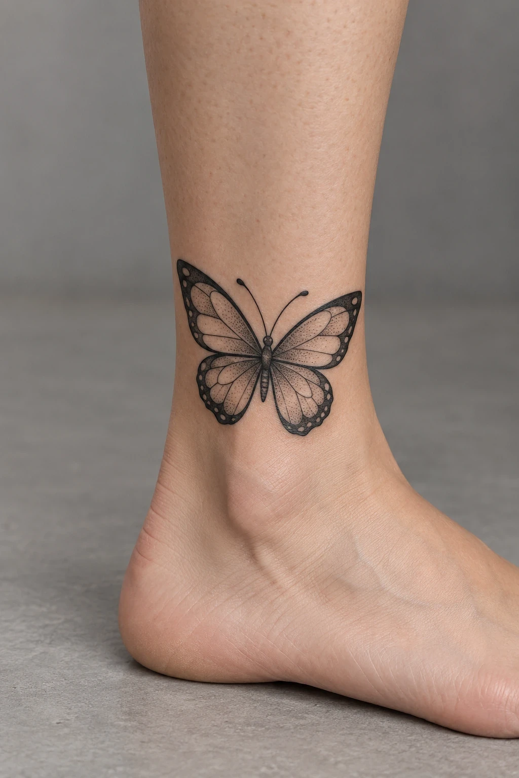 Dotwork butterfly with dark outlines and stippled wings on the ankle