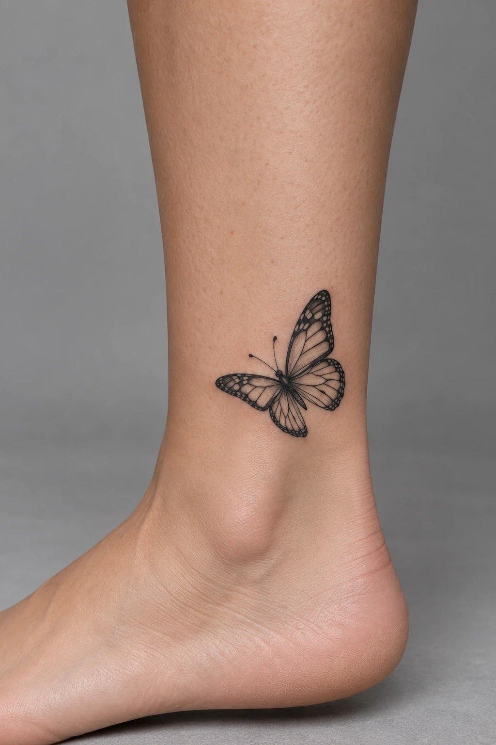 Fine-line butterfly with open wing details on the ankle