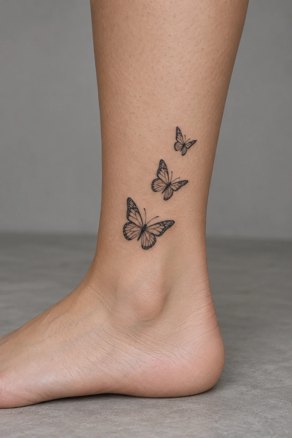 Three outline butterflies following a short curve above the ankle