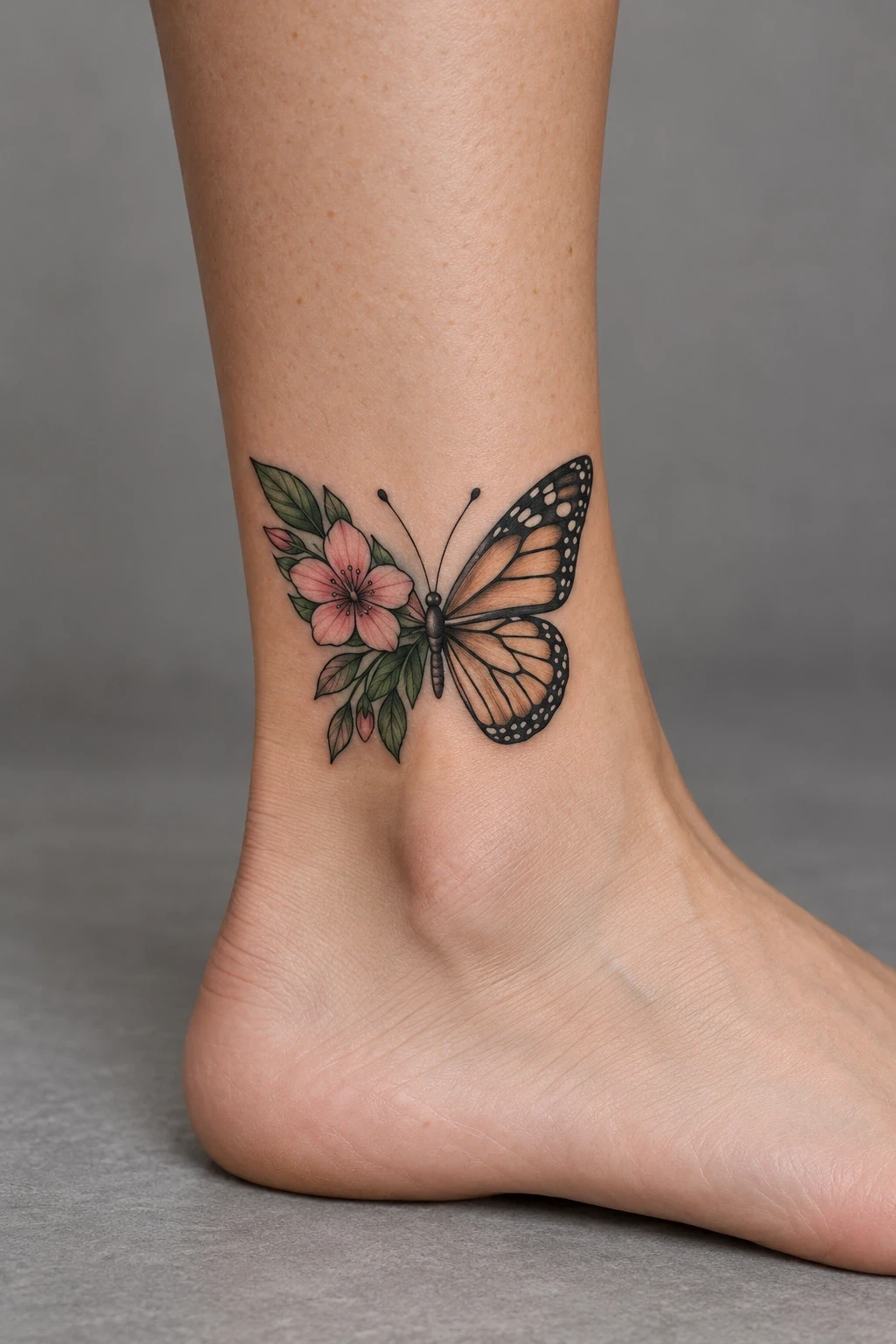 Butterfly combining outlined wings with pink floral wing details on the ankle