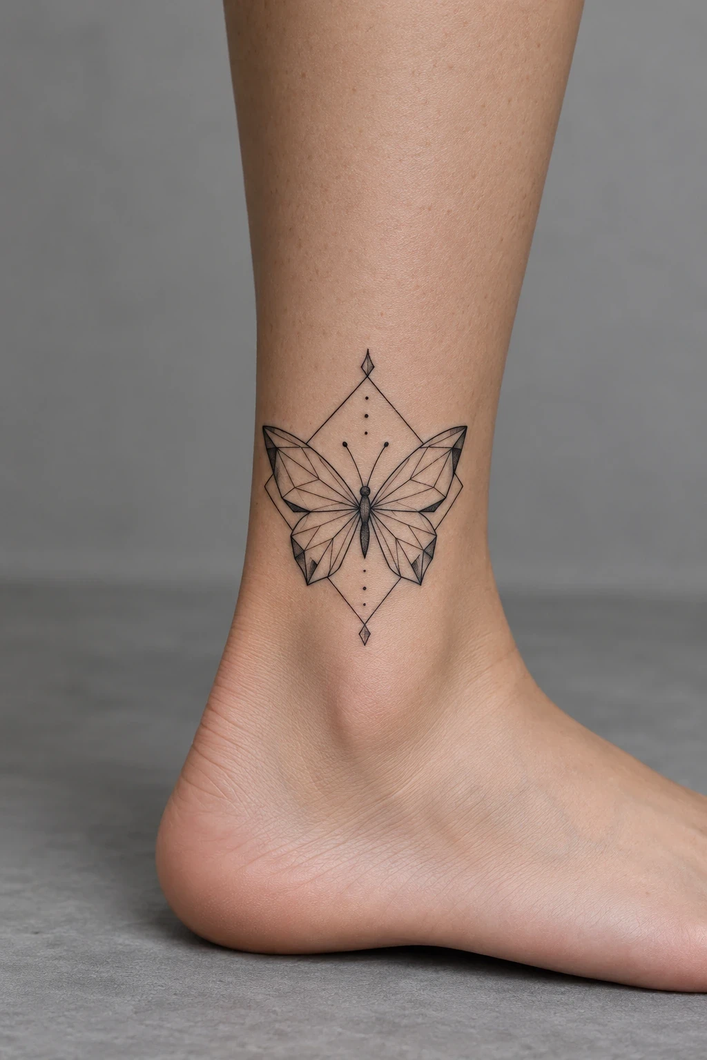 Geometric butterfly with angular wing sections and a diamond frame on the ankle