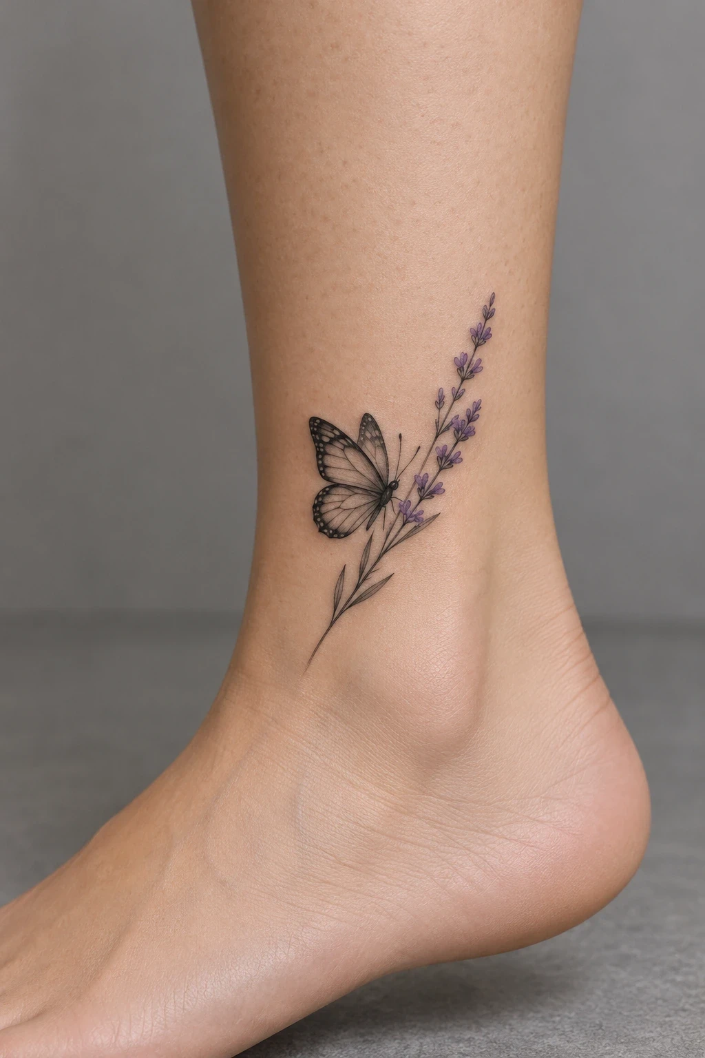 Small grey butterfly beside a purple lavender stem at the ankle