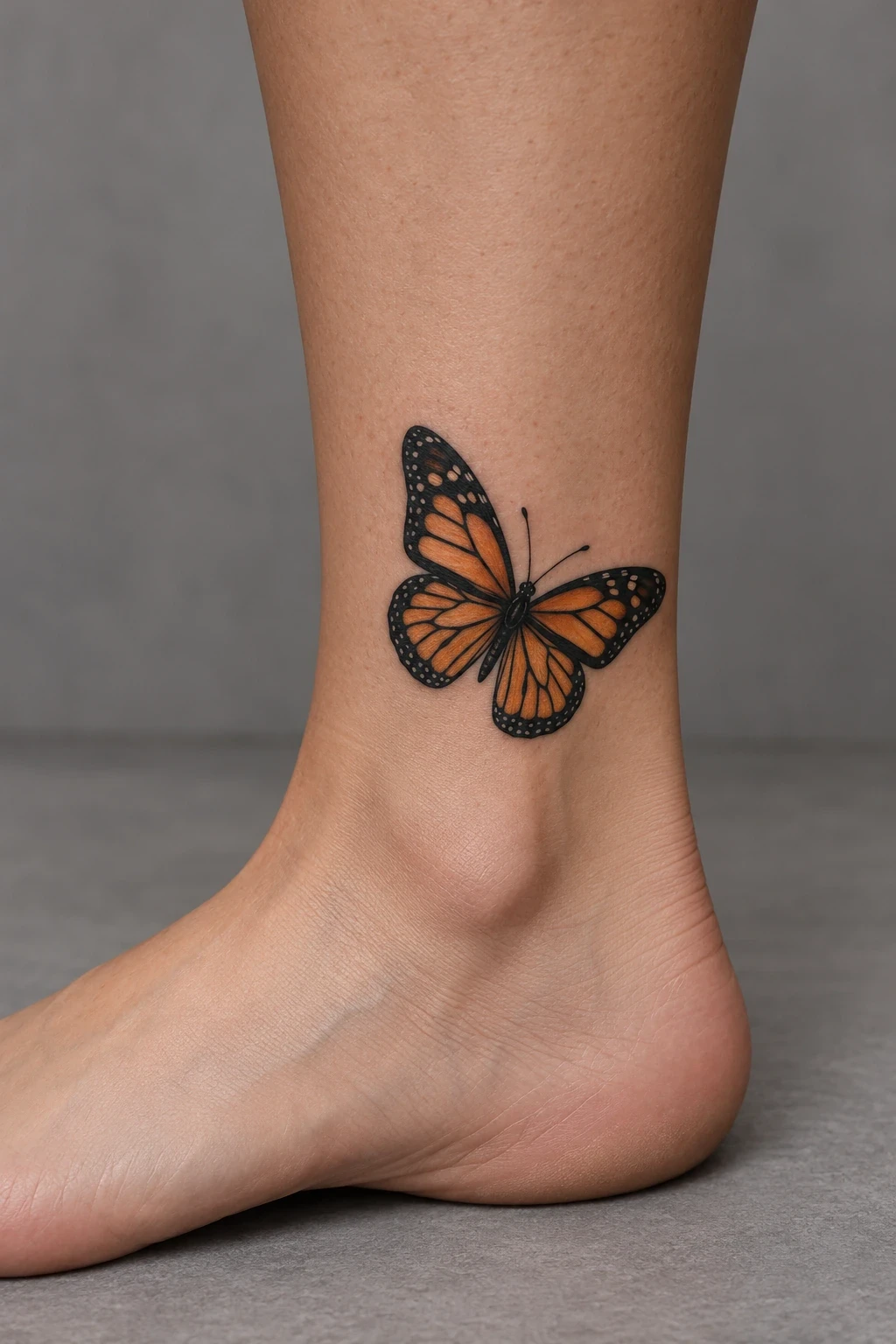 Orange butterfly with black wing pattern and pale edge dots above the ankle