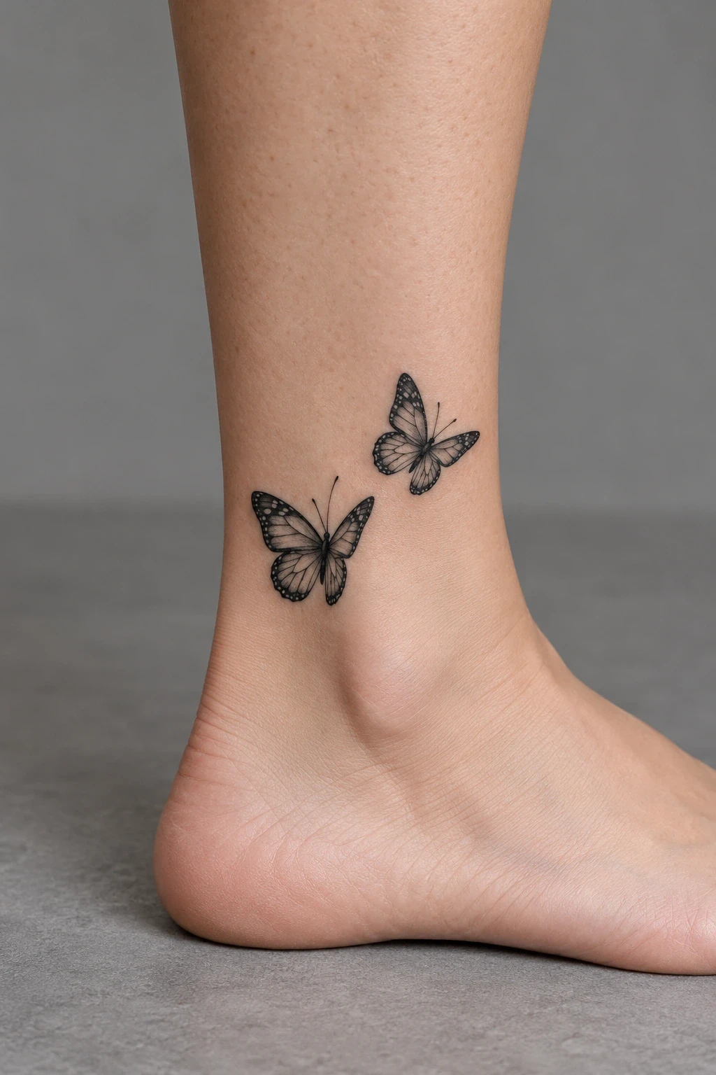 Two grey butterflies in a diagonal arrangement above the ankle