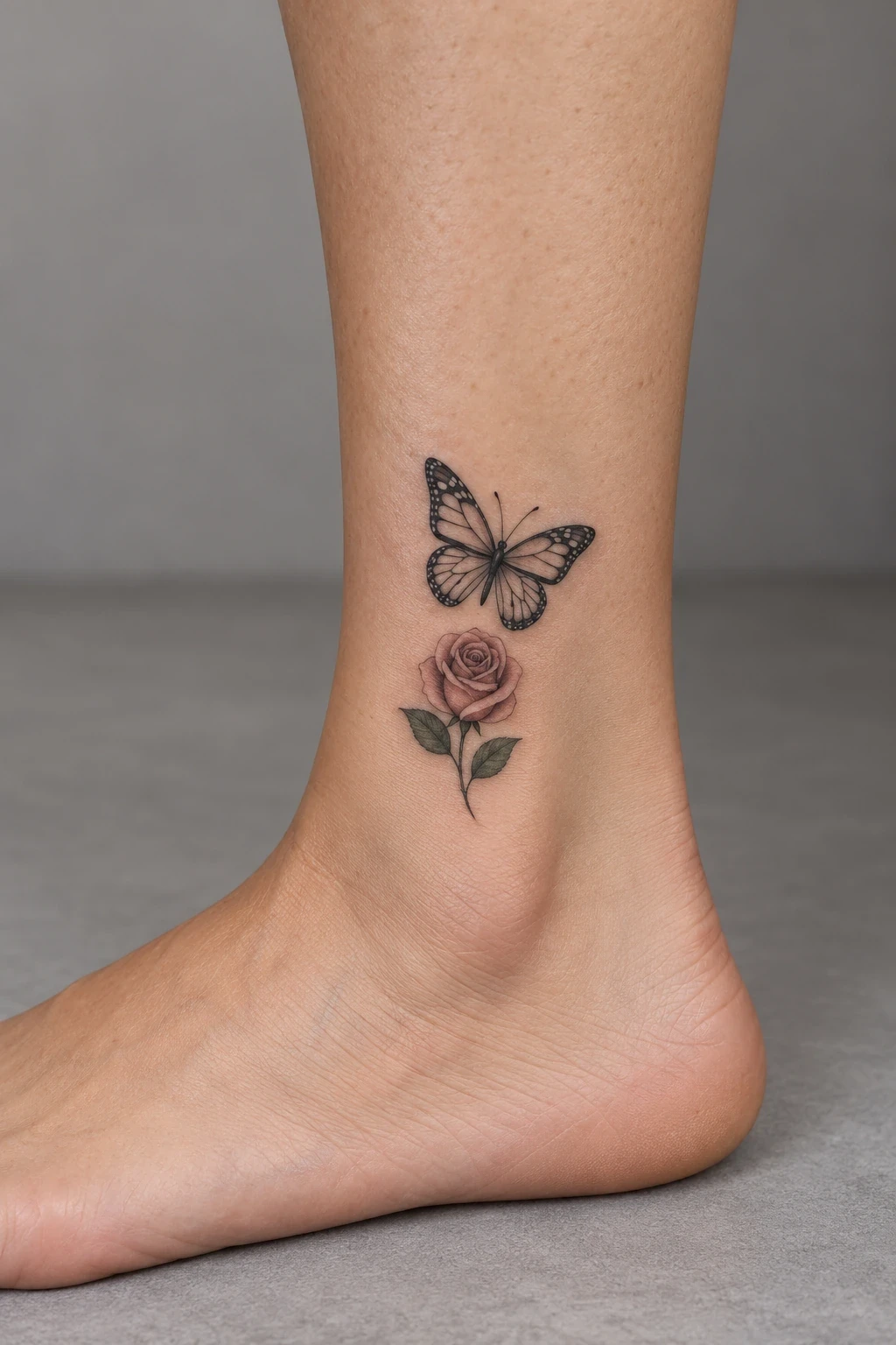 Grey butterfly above a pink rose on the ankle