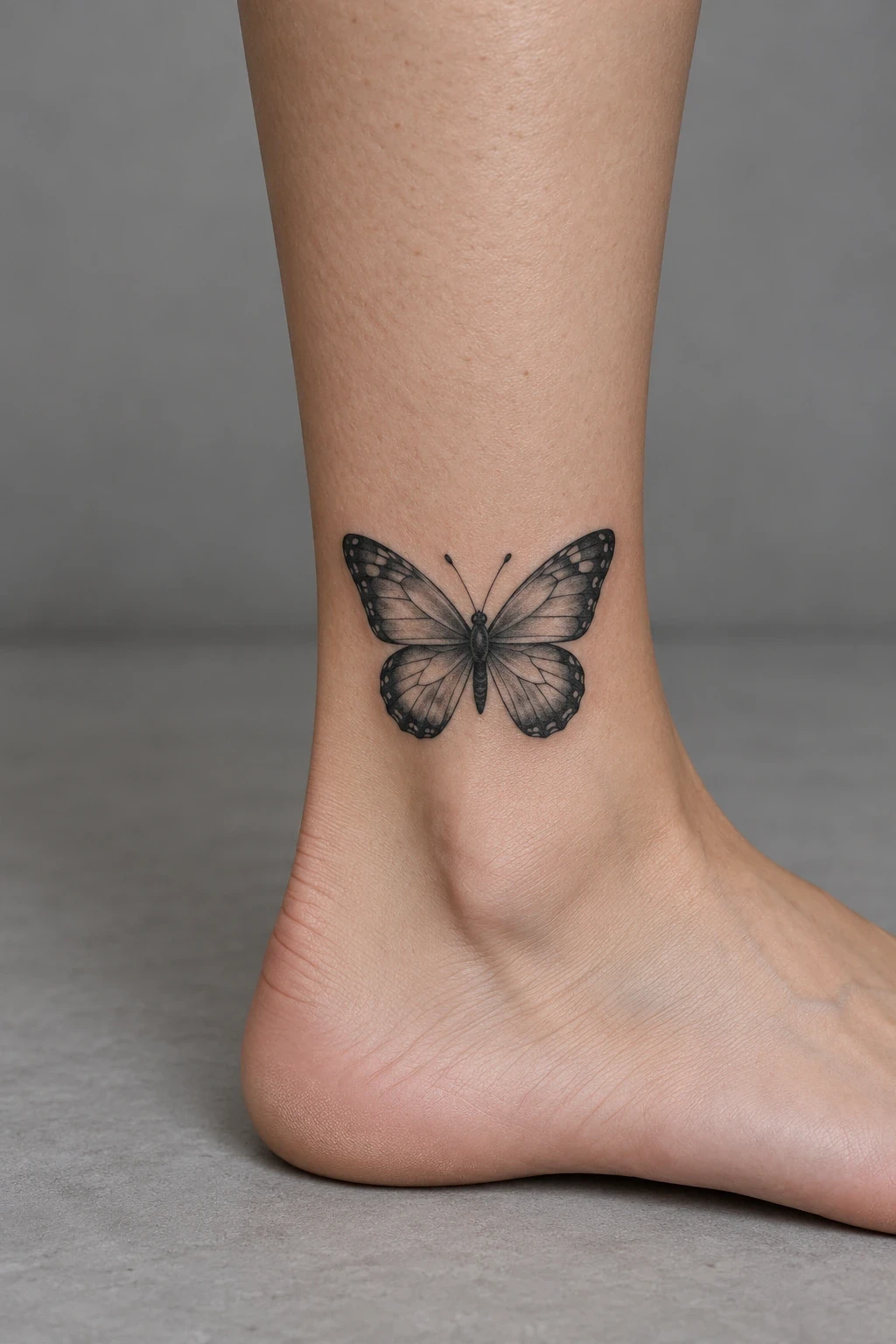 Black and grey shaded butterfly just above the ankle