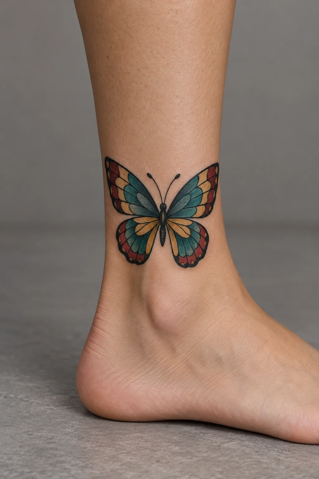 Stained-glass-inspired butterfly with teal, gold and red wings on the ankle