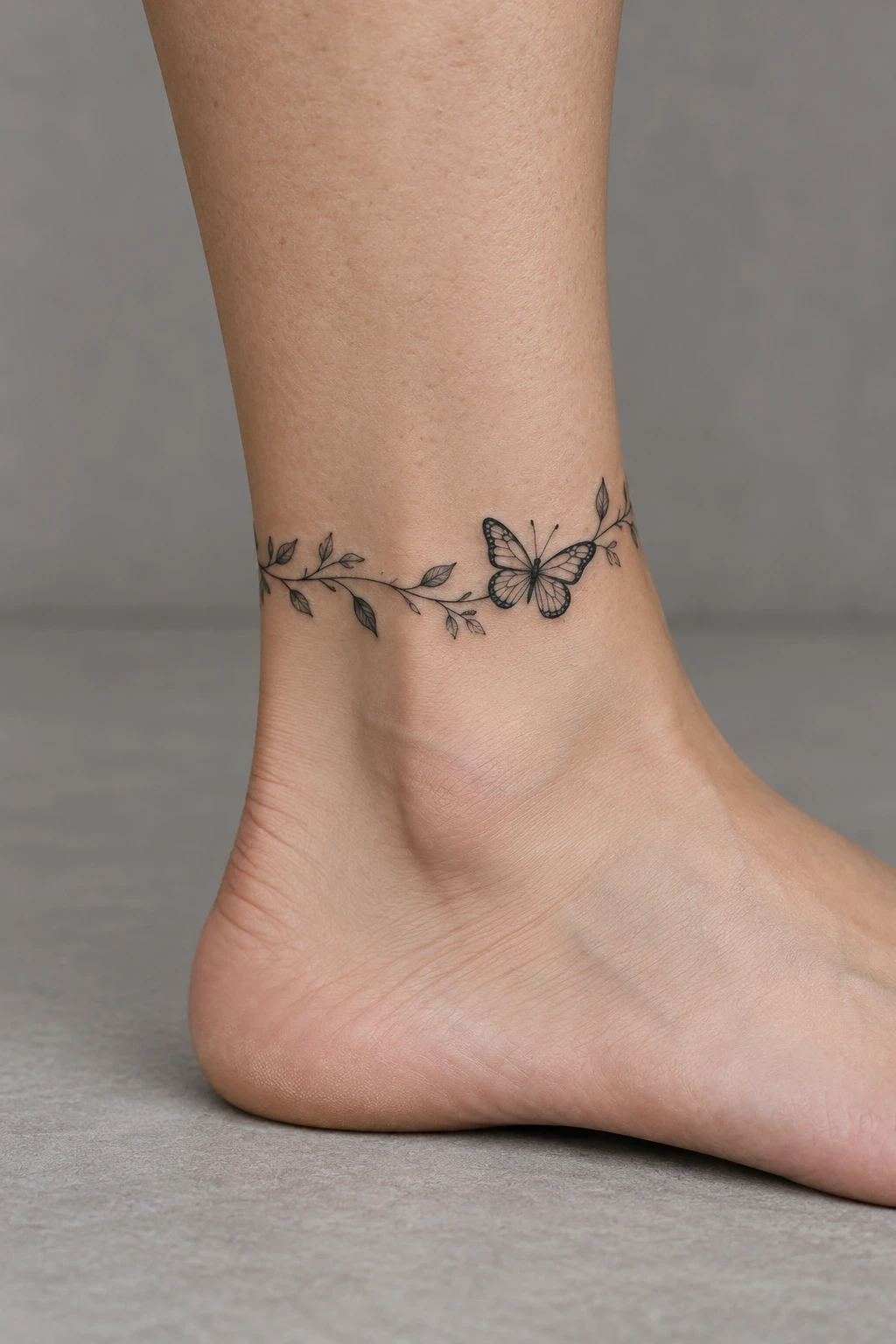 Butterfly and leafy vine forming a delicate ankle-band concept