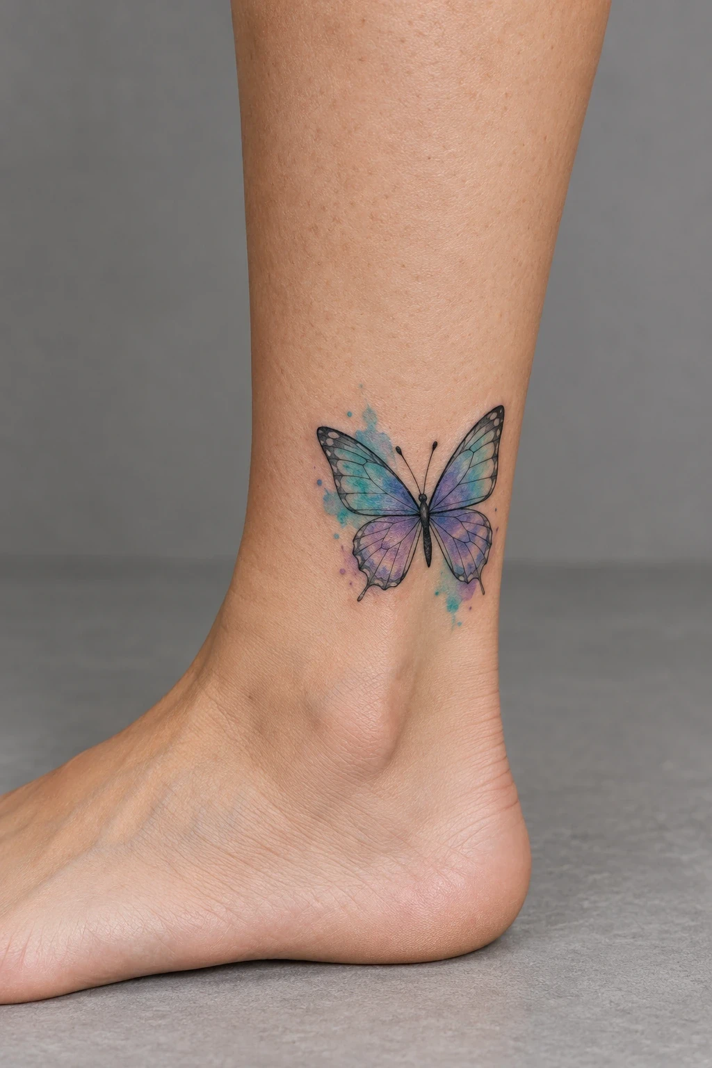 Turquoise and violet watercolor-style butterfly on the ankle
