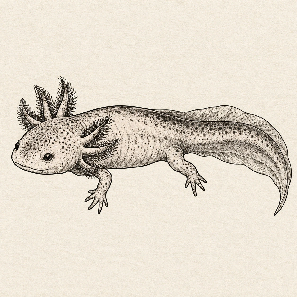 Black and grey axolotl with stippled shading and a long tail