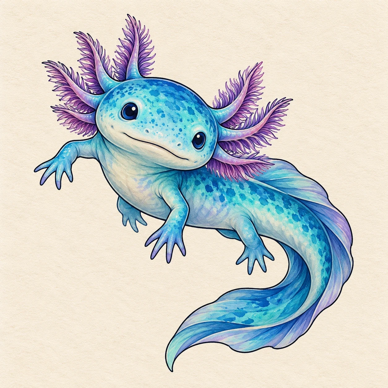 Fantasy blue axolotl with lavender gills and turquoise shading