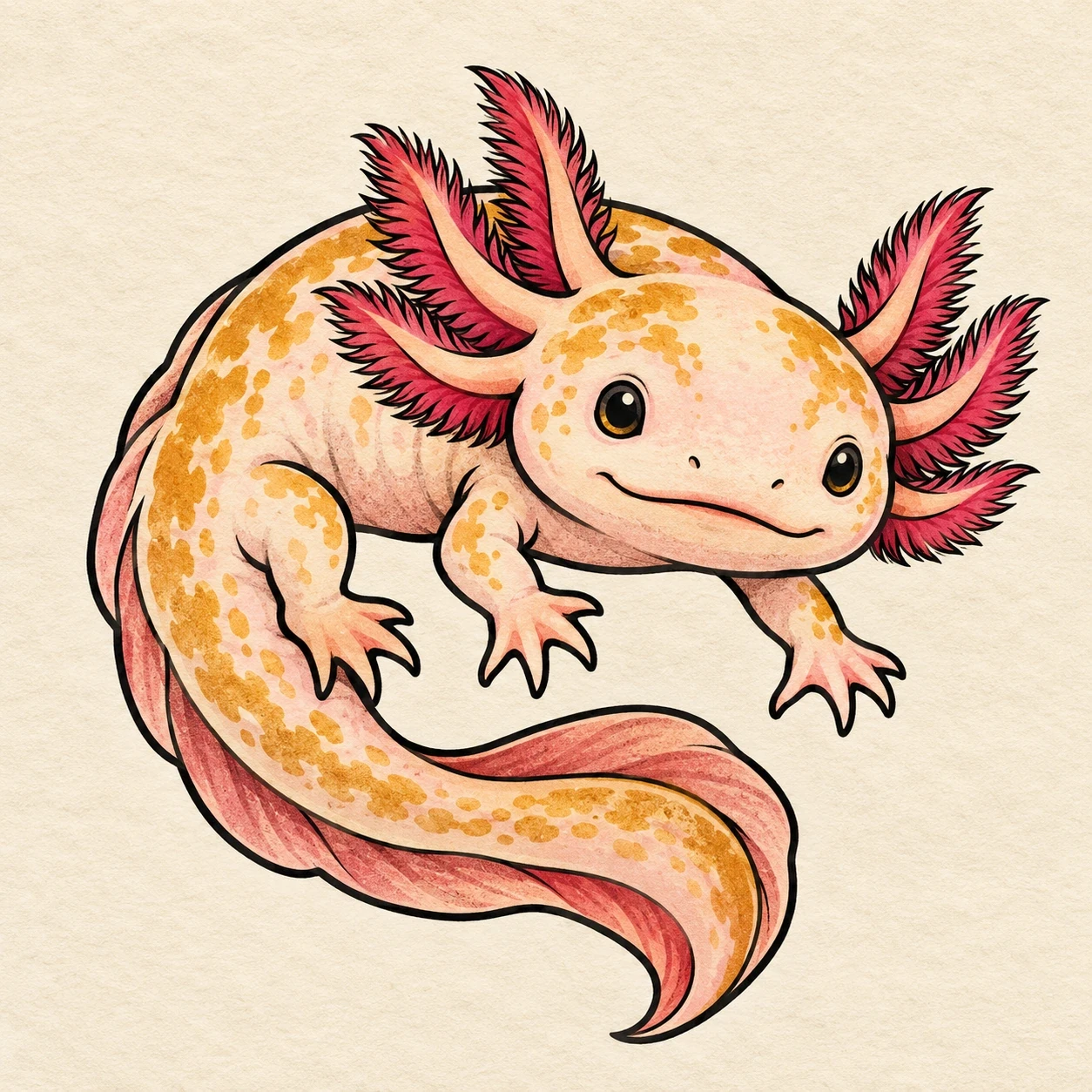 Bold outlined axolotl with pink gills and golden body accents