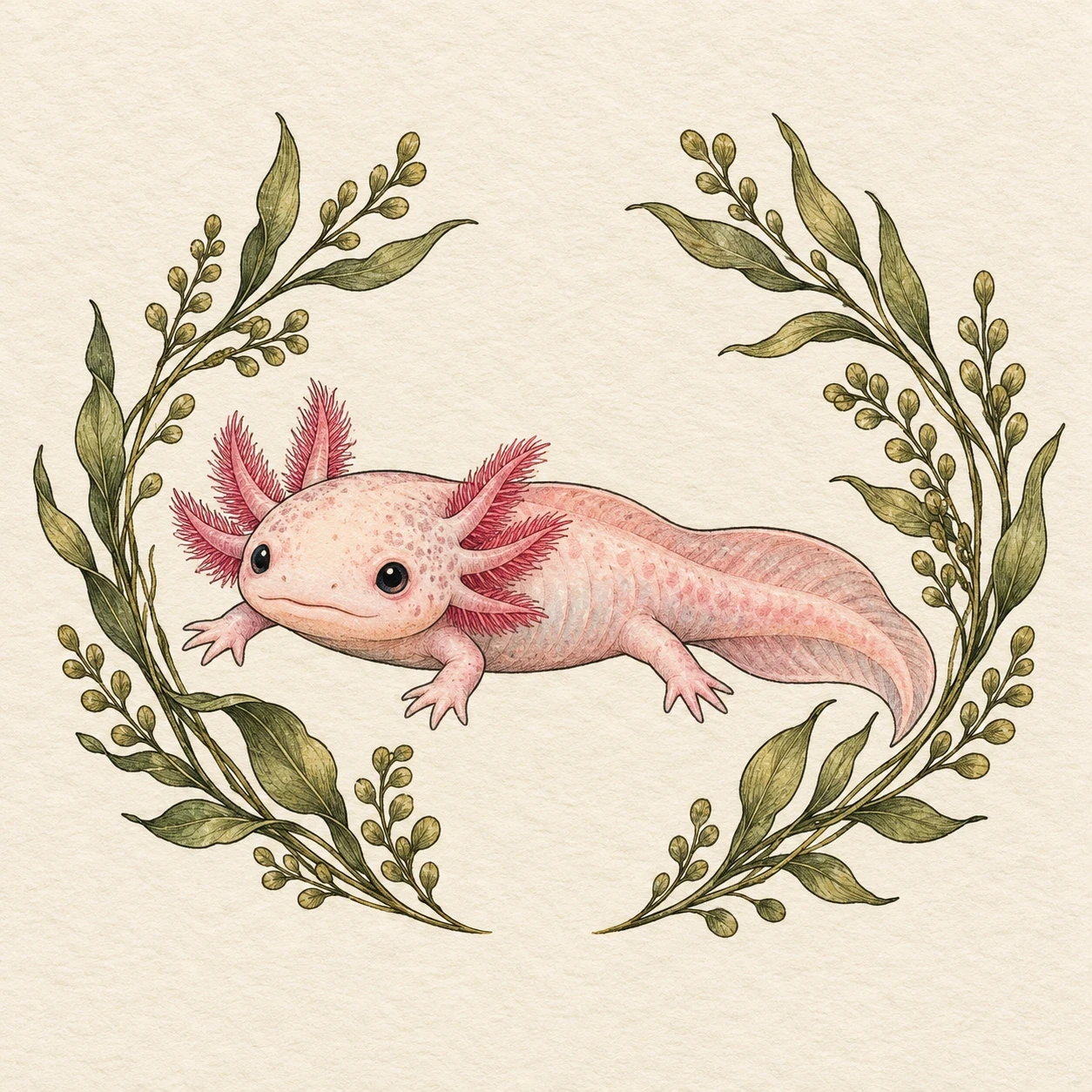 Pink axolotl framed by two curved green plant sprigs