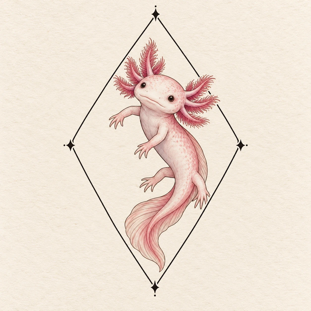 Pink axolotl with a tall diamond frame and star-shaped corners