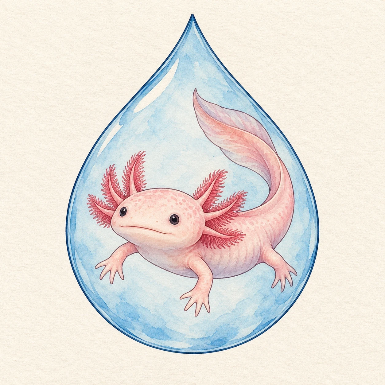 Pink axolotl floating inside a pale blue water-droplet frame