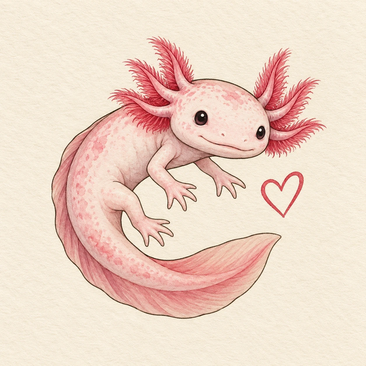 Curled pink axolotl beside a separate red heart outline