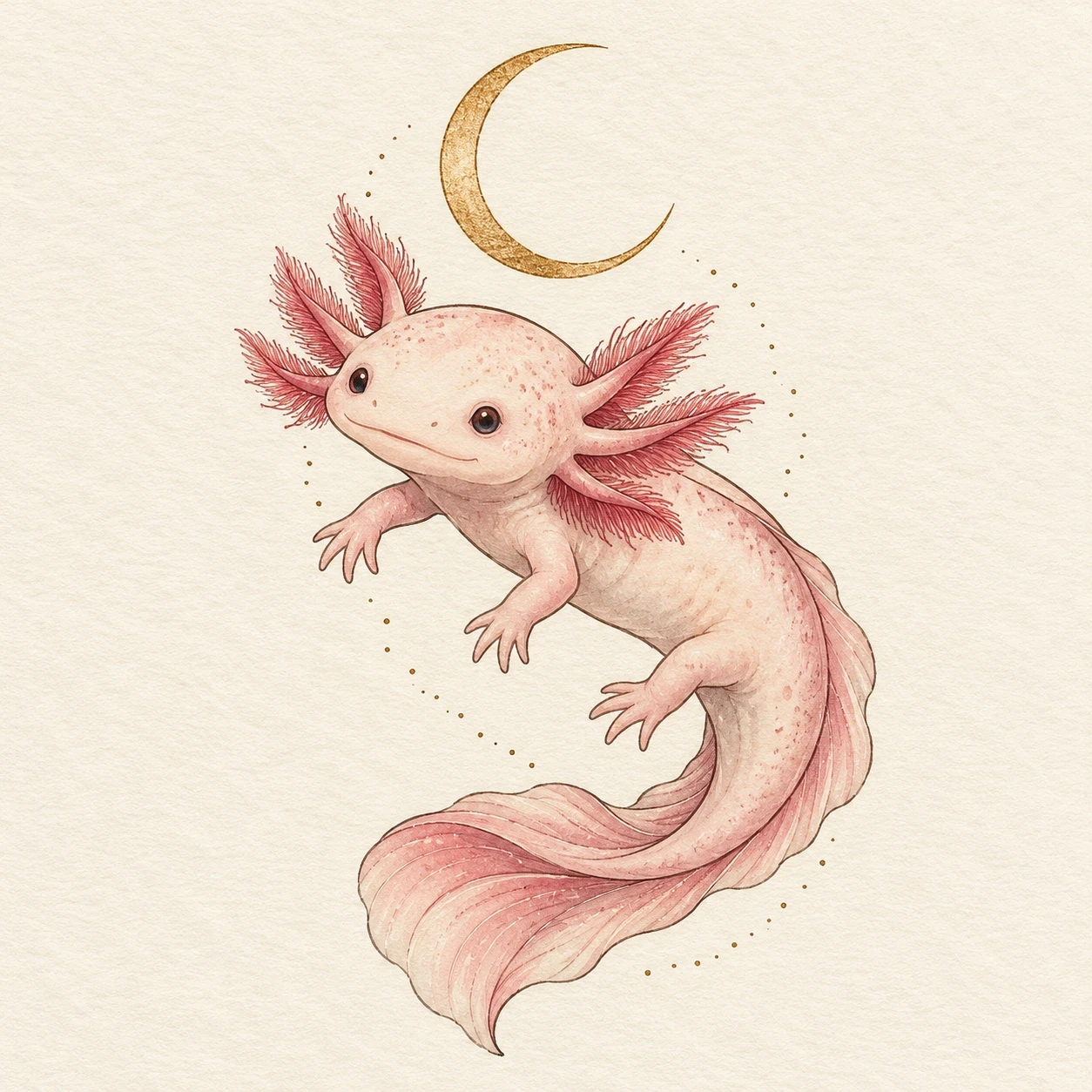 Curled pink axolotl below a golden crescent moon