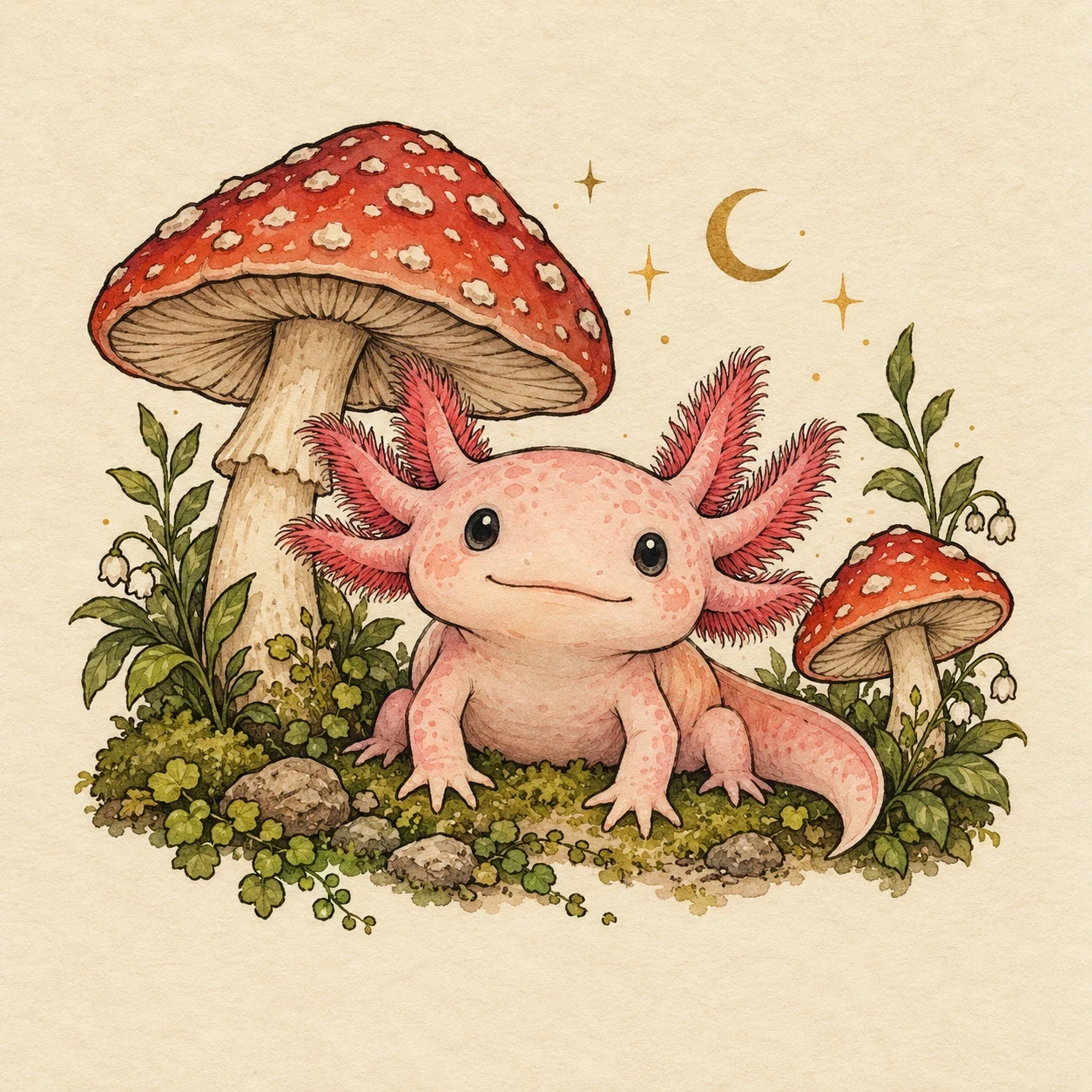 Storybook pink axolotl between two red-capped mushrooms