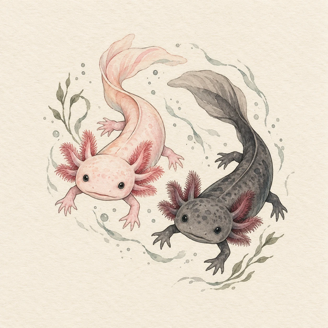Pink and charcoal axolotls swimming side by side