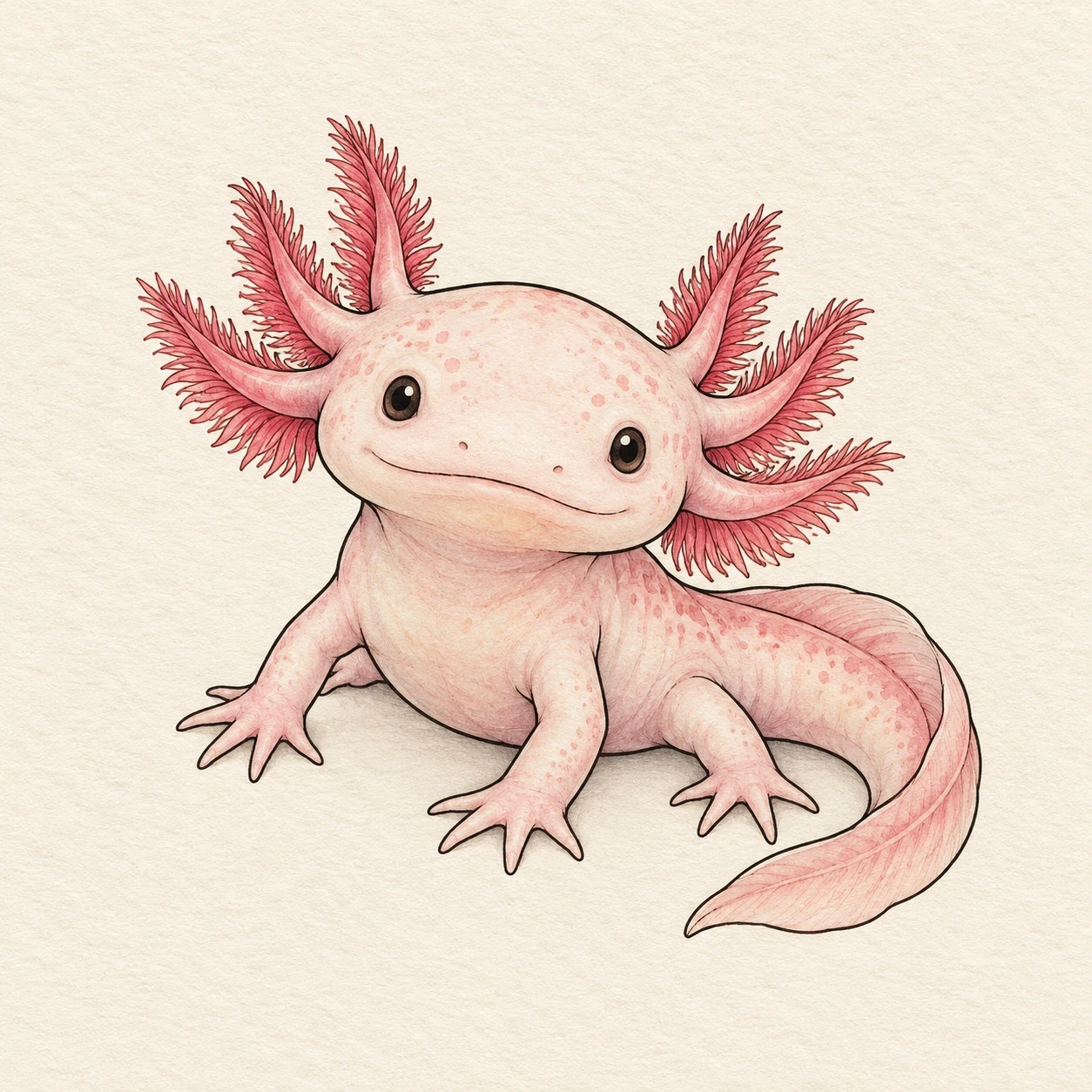 Pale pink axolotl with rose-colored gills and a curved tail