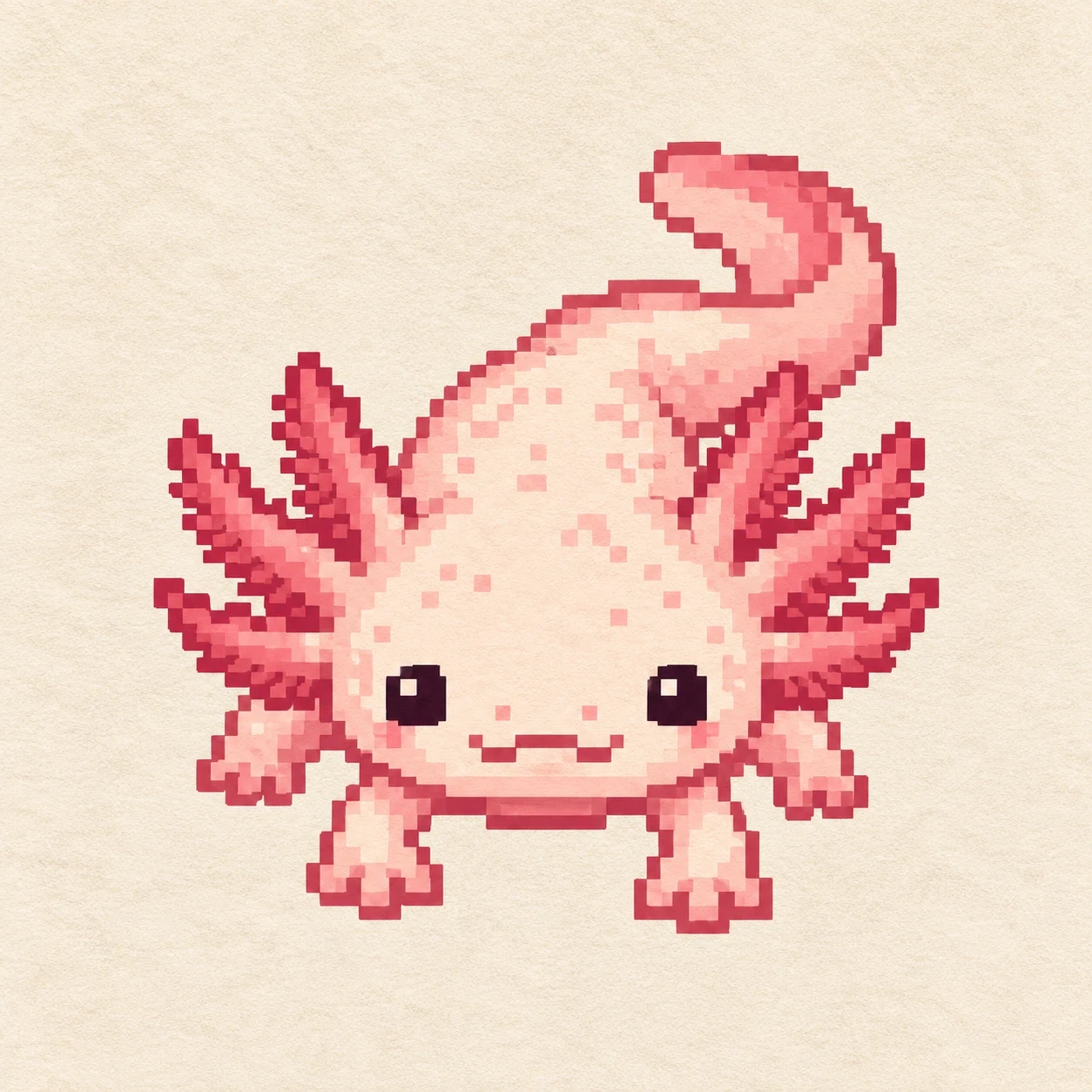 Pixel-art pink axolotl with dark square eyes and rose gills