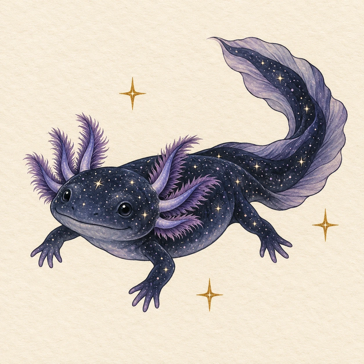 Fantasy navy axolotl with pale speckles and three gold stars