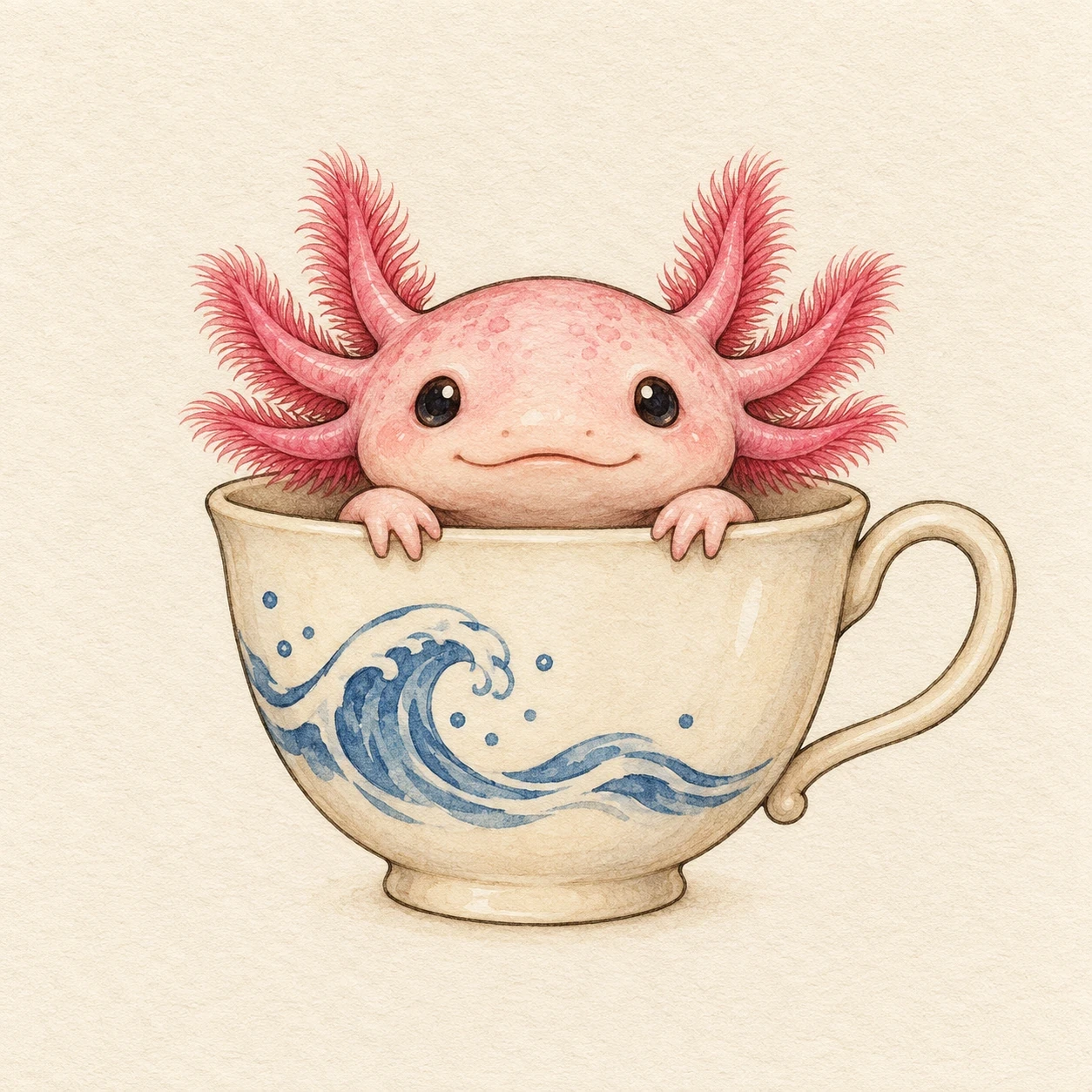 Pink axolotl peeking over a cream teacup with two front feet on the rim