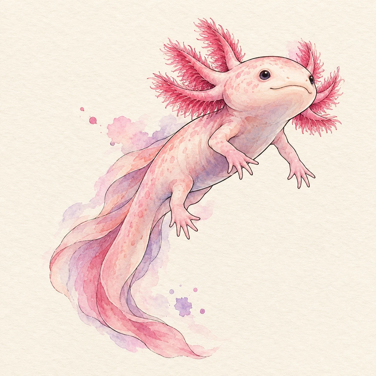 Pink axolotl outlined over pink and lavender watercolor washes