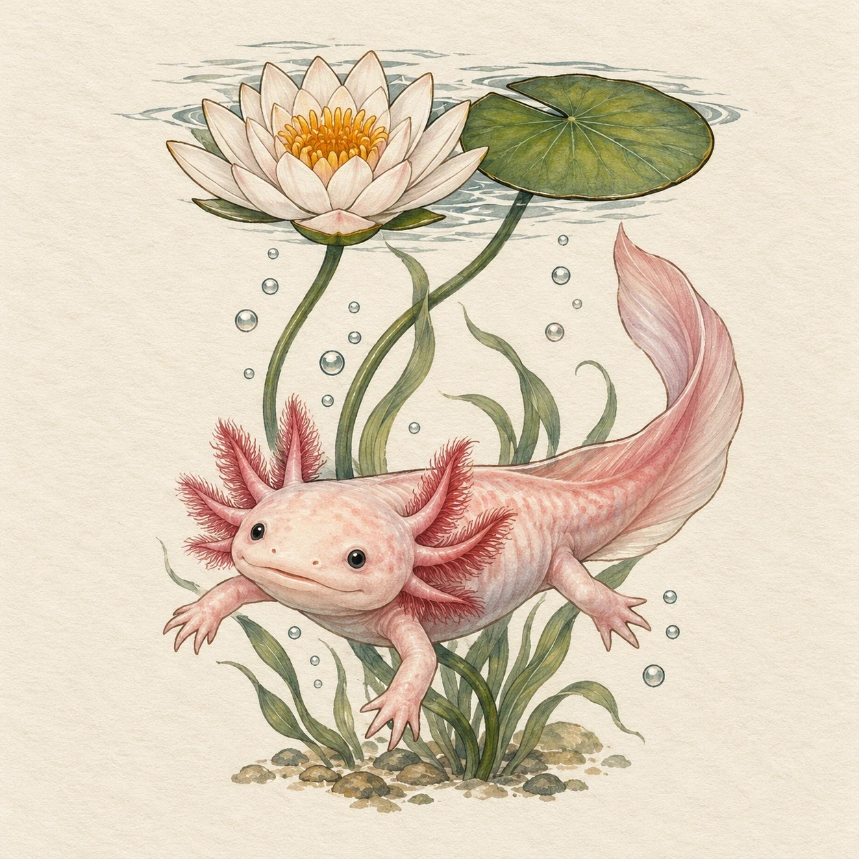 Pink axolotl swimming beneath a white water lily and green pad
